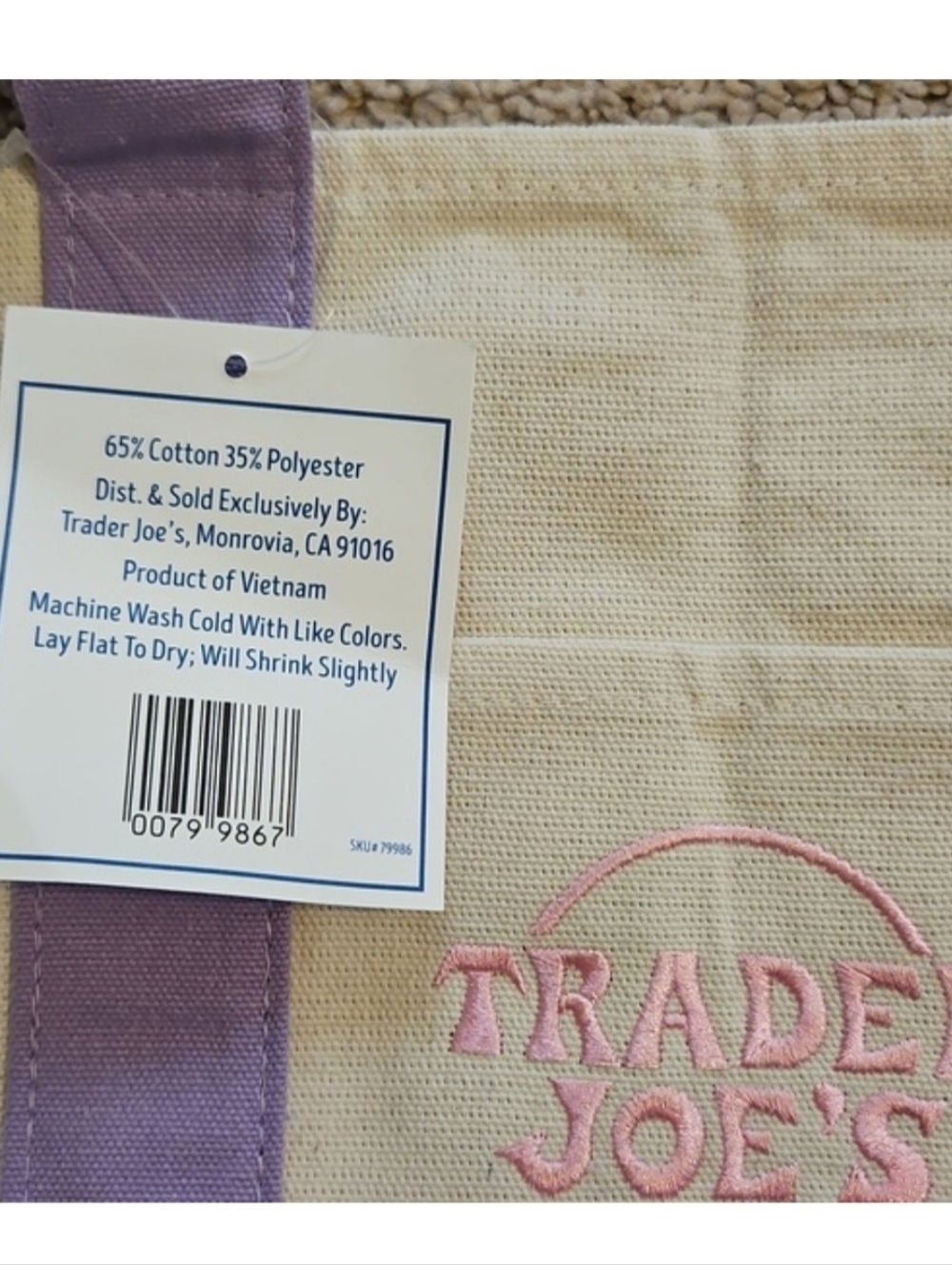 Trader Joe's Lavender-Trim Canvas Tote Bag - Picture 2 of 4